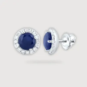 1-1/5CTW Round Blue Sapphire Diamond Halo Stud Earrings – 14K White Gold