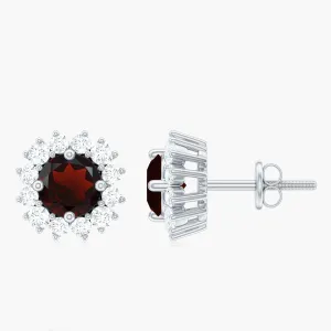 1 CT Garnet and Diamond Halo Stud Earrings