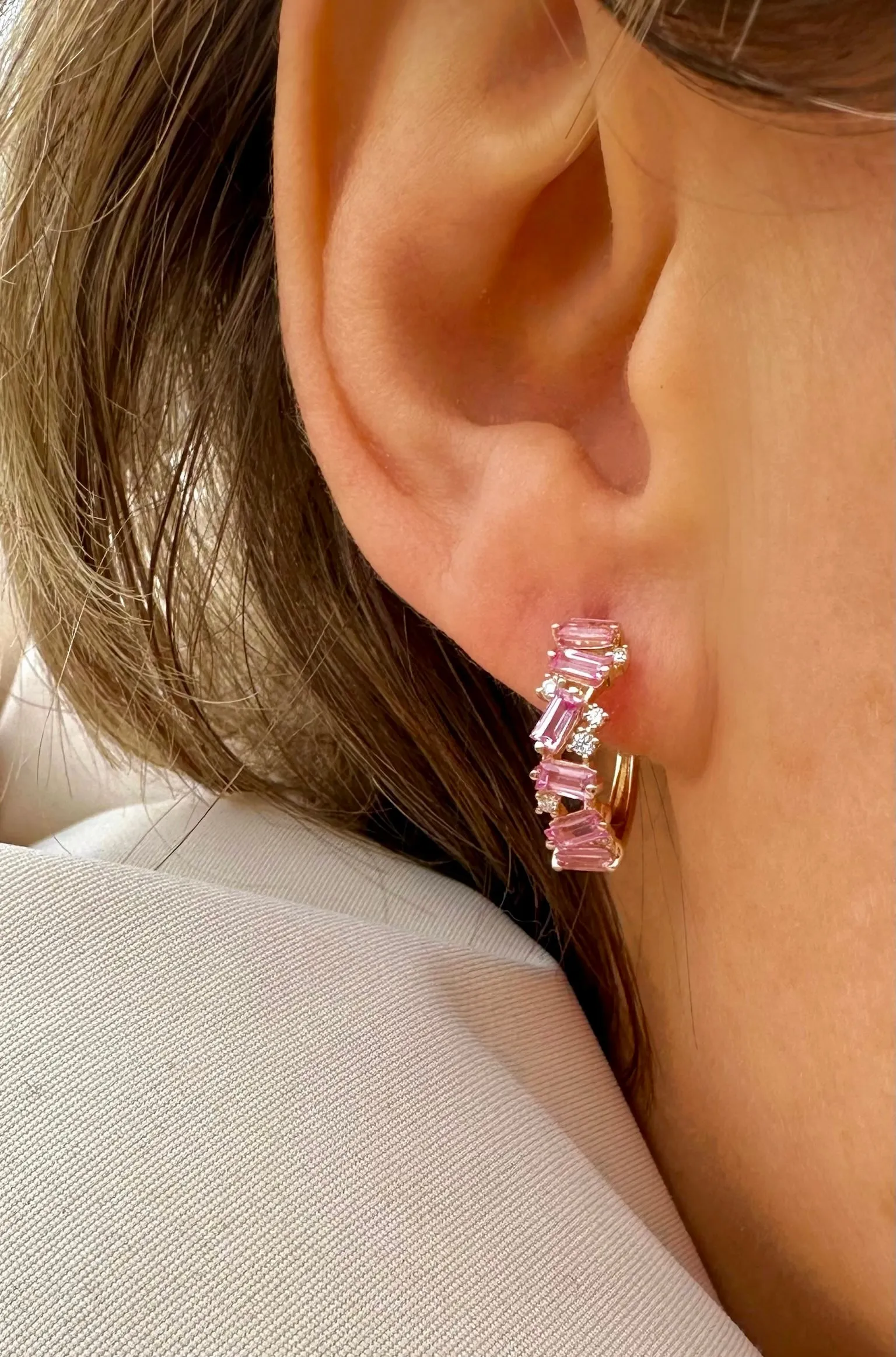 14K GOLD DIAMOND AND PINK SAPPHIRE HUGGIES
