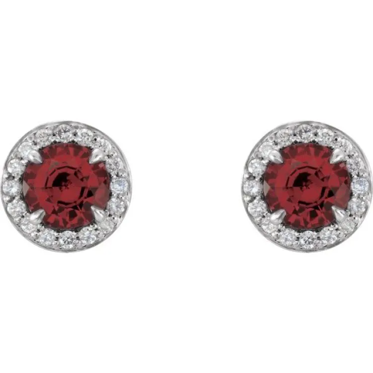 14K White 4.5 mm Natural Mozambique Garnet & 1/6 CTW Natural Diamond Earrings