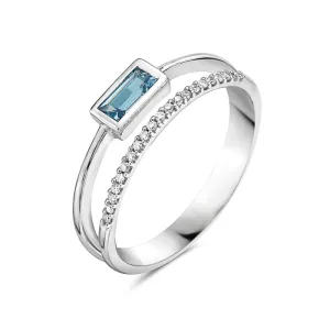 14K White Gold Blue Topaz and Diamond Double Row Band