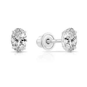 14k WhiteGold CZ Oval Screw Backs