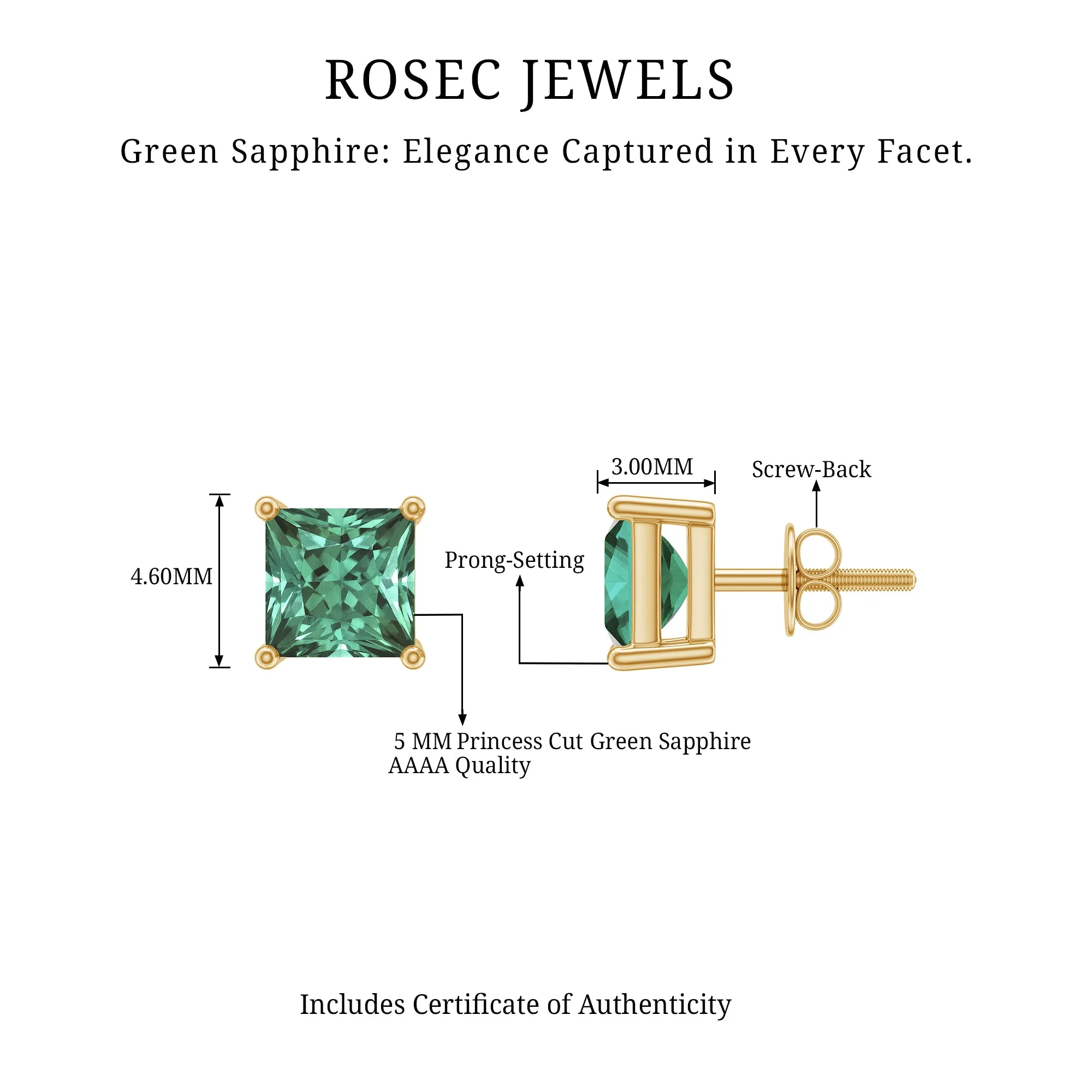 1.5 CT Princess Cut Created Green Sapphire Solitaire Stud Earrings