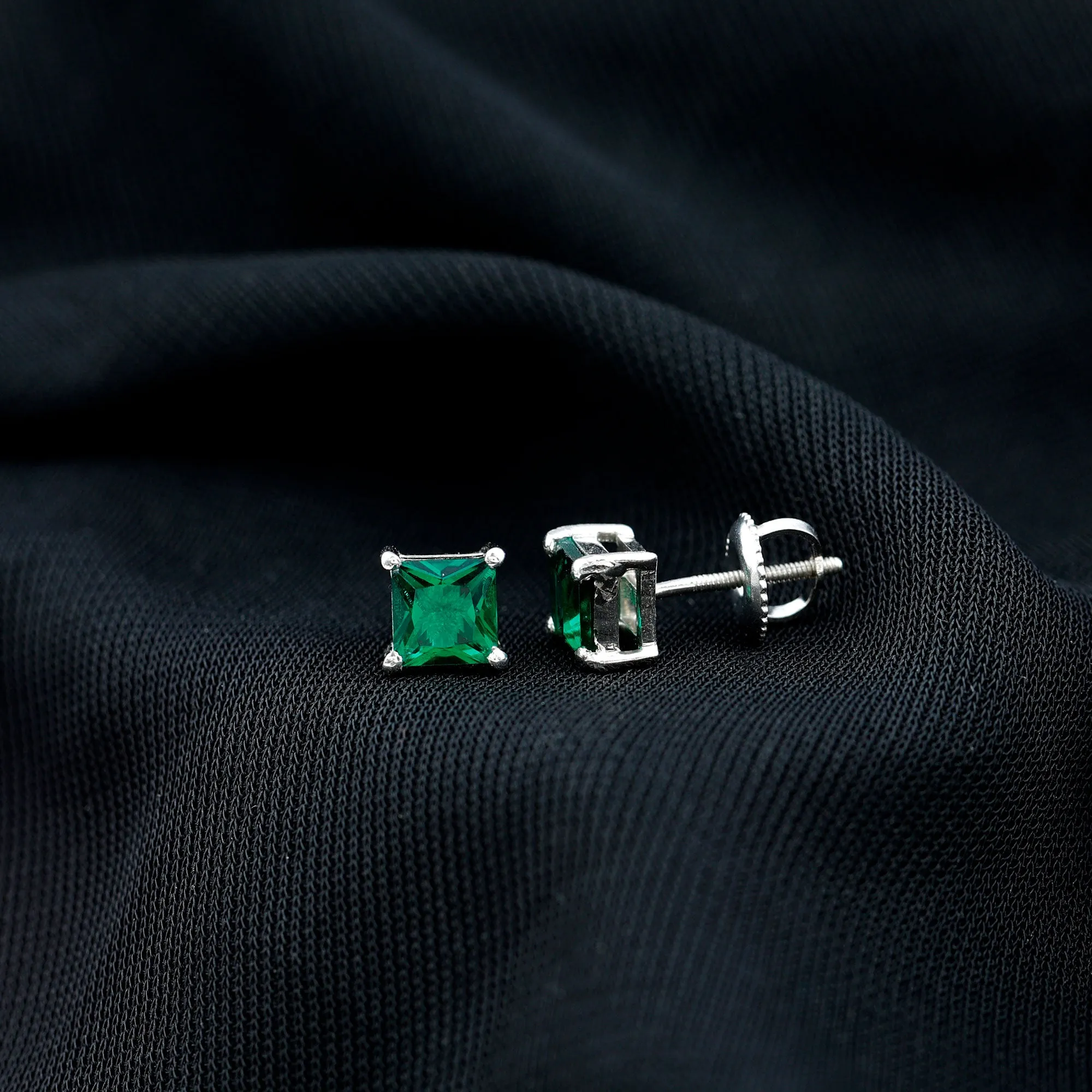 1.5 CT Princess Cut Created Green Sapphire Solitaire Stud Earrings