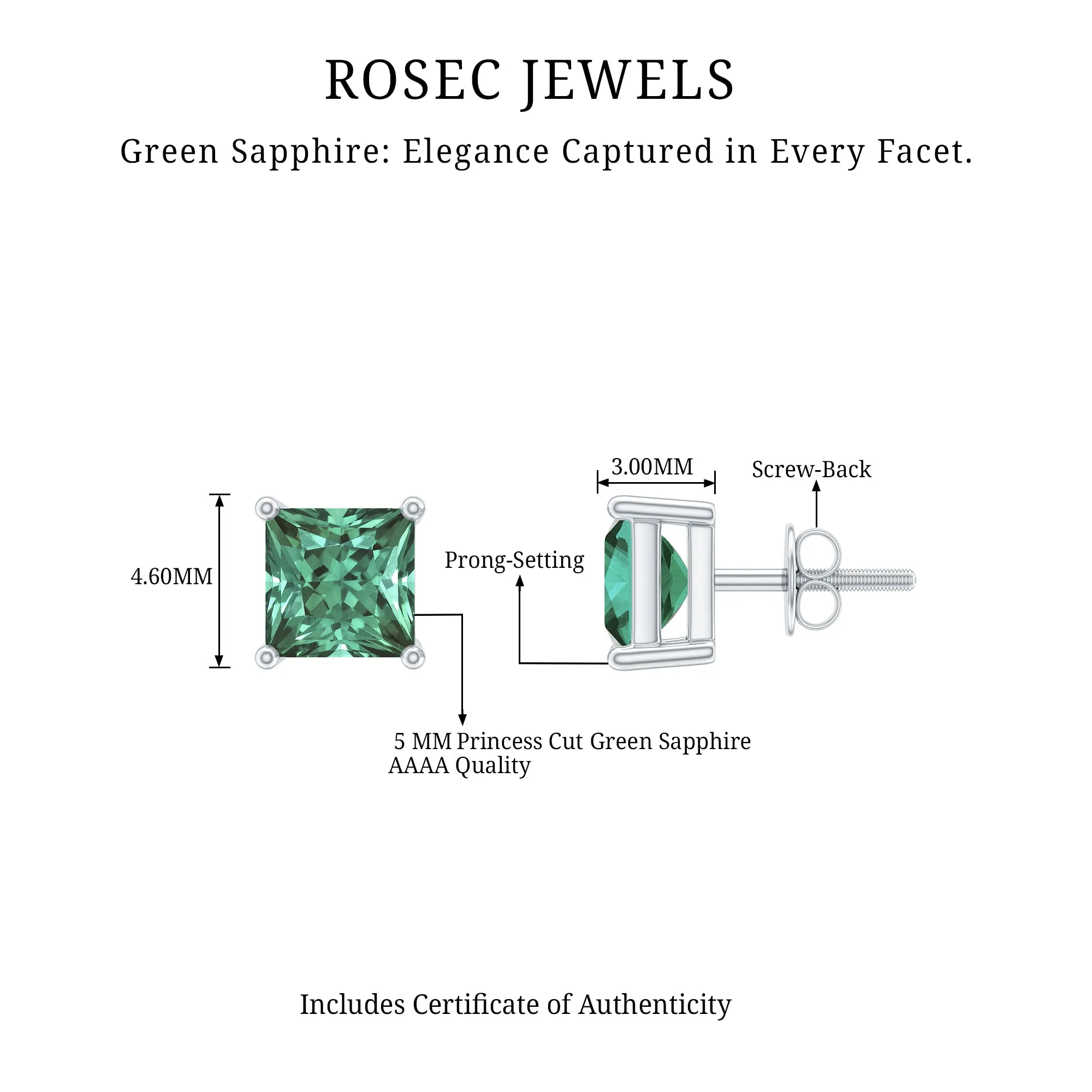 1.5 CT Princess Cut Created Green Sapphire Solitaire Stud Earrings
