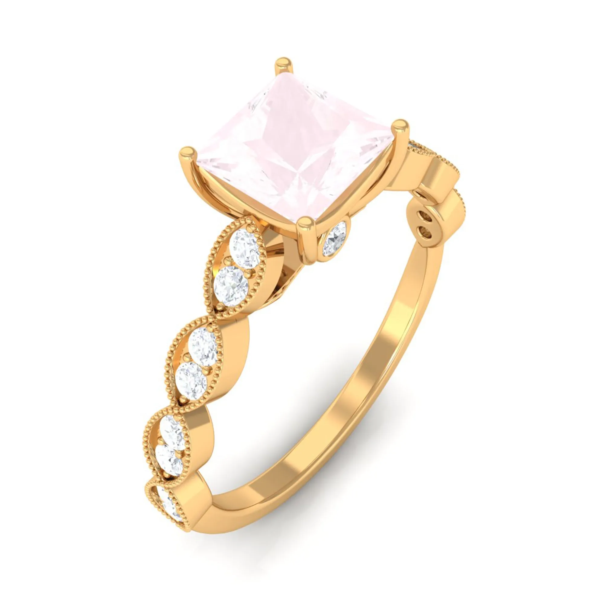 1.5 CT Princess Cut Rose Quartz Engagement Ring with Diamond Side Stones