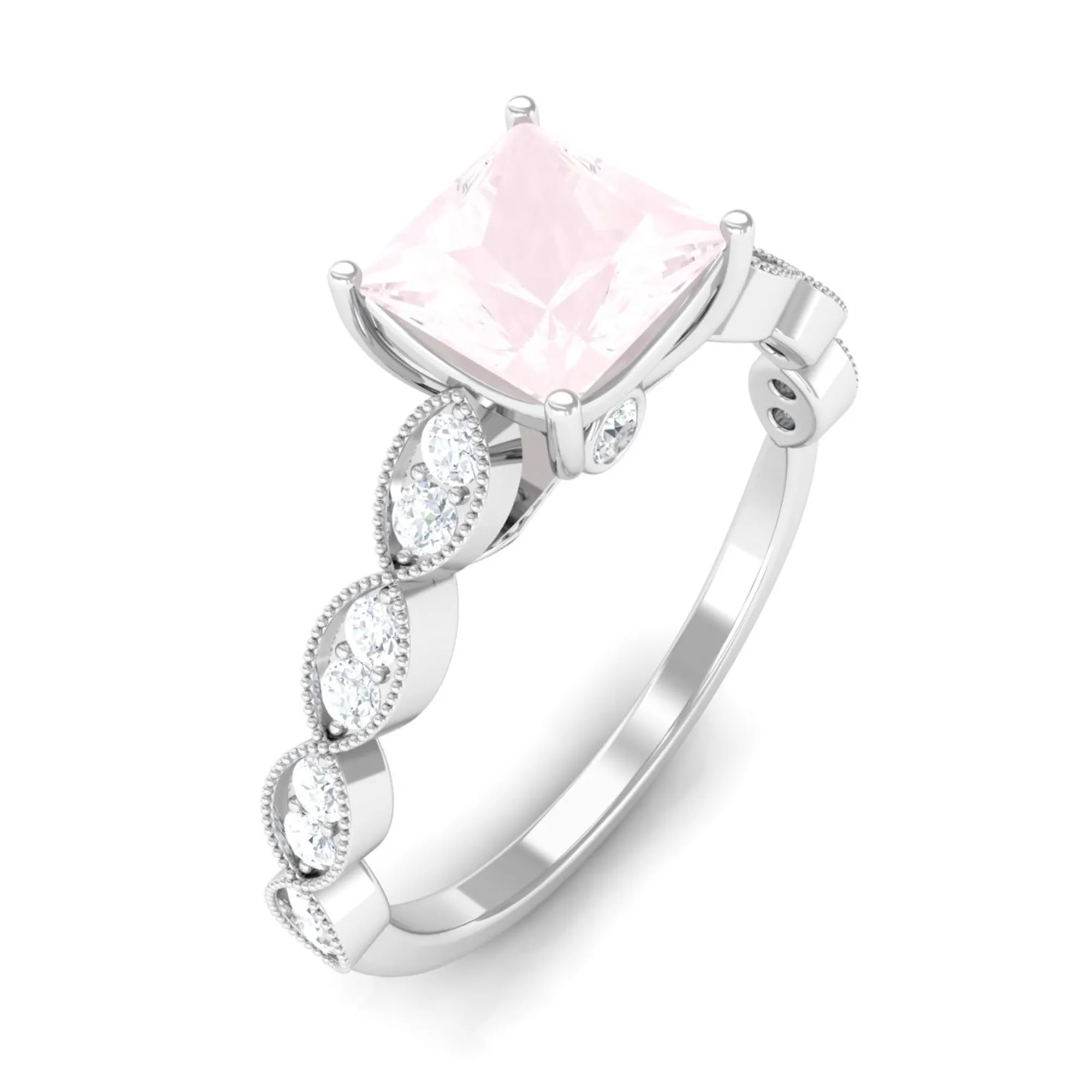 1.5 CT Princess Cut Rose Quartz Engagement Ring with Diamond Side Stones