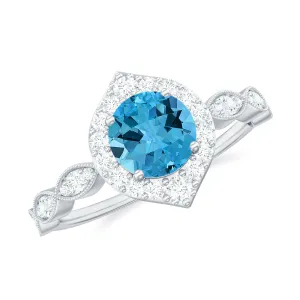 1.75 CT Vintage Swiss Blue Topaz Engagement Ring with Moissanite Accent