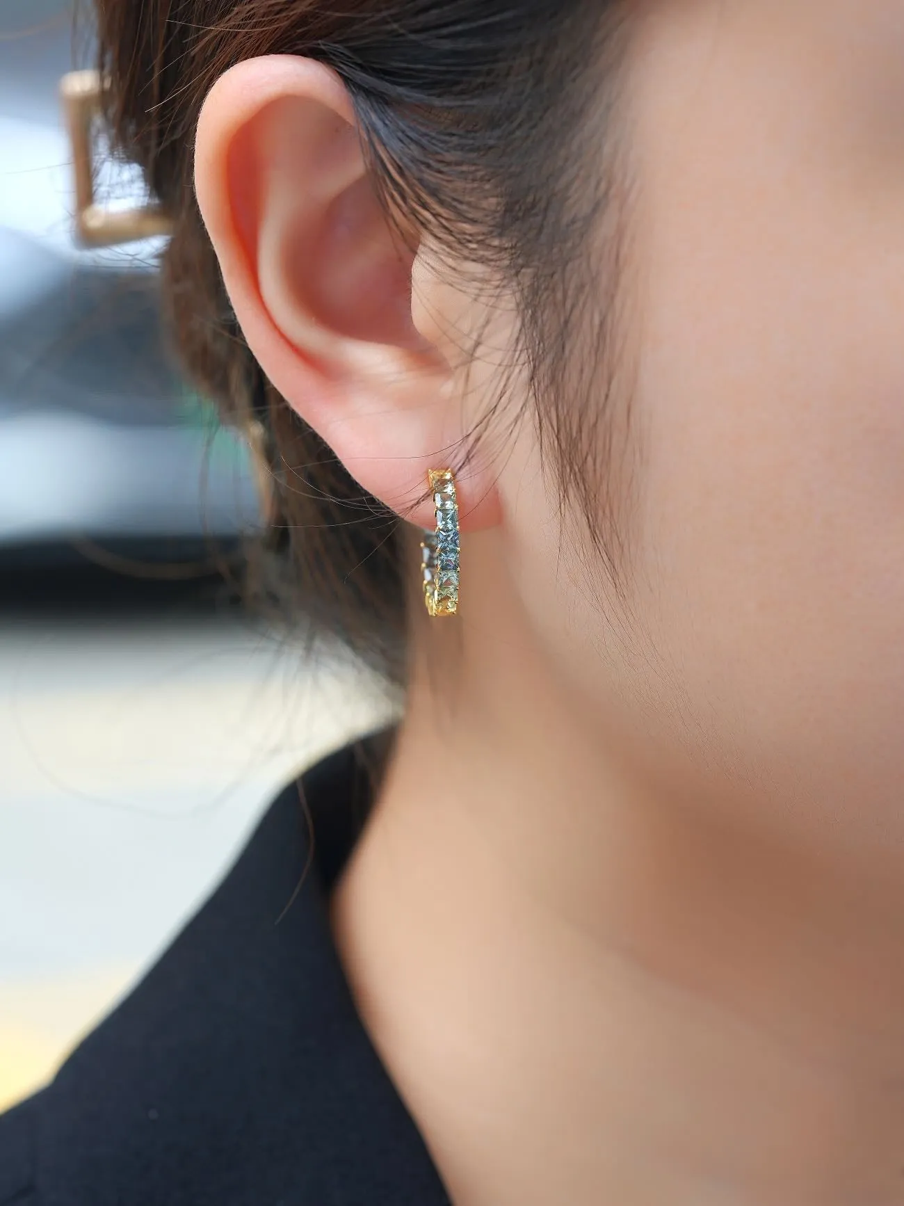 18k Gold Custom Sapphire Large Hoop Princess Earrings
