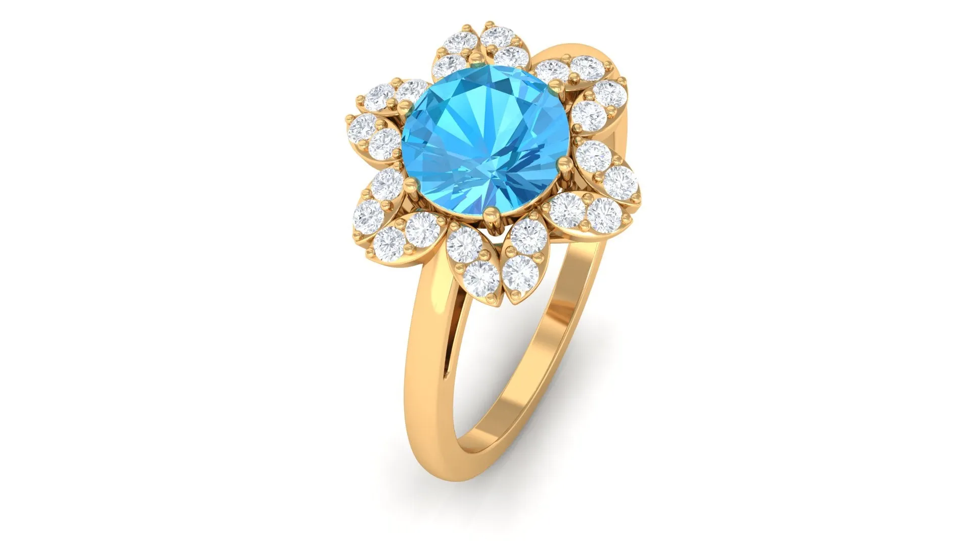 2.25 CT Swiss Blue Topaz Floral Ring with Diamond Halo