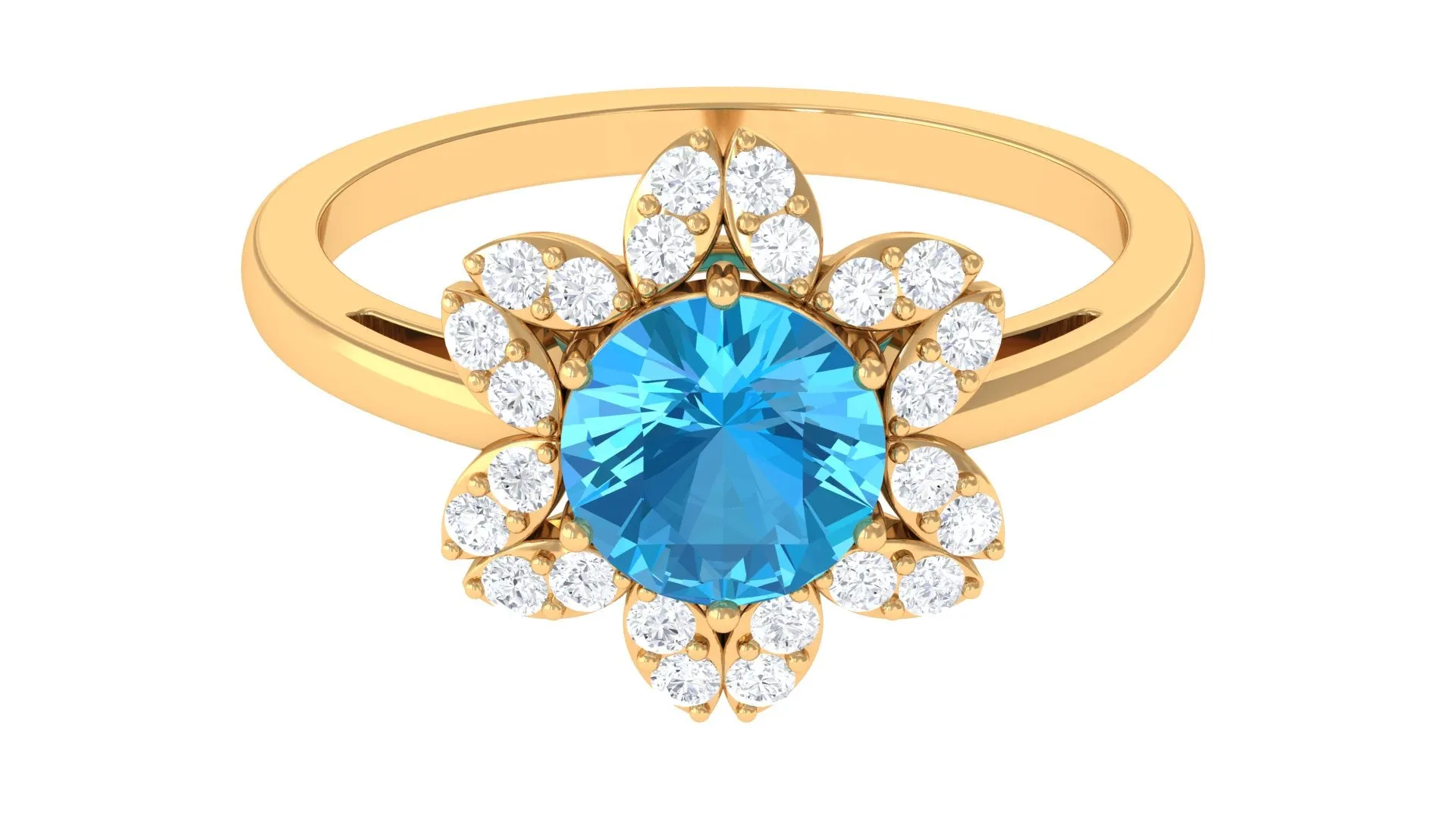 2.25 CT Swiss Blue Topaz Floral Ring with Diamond Halo