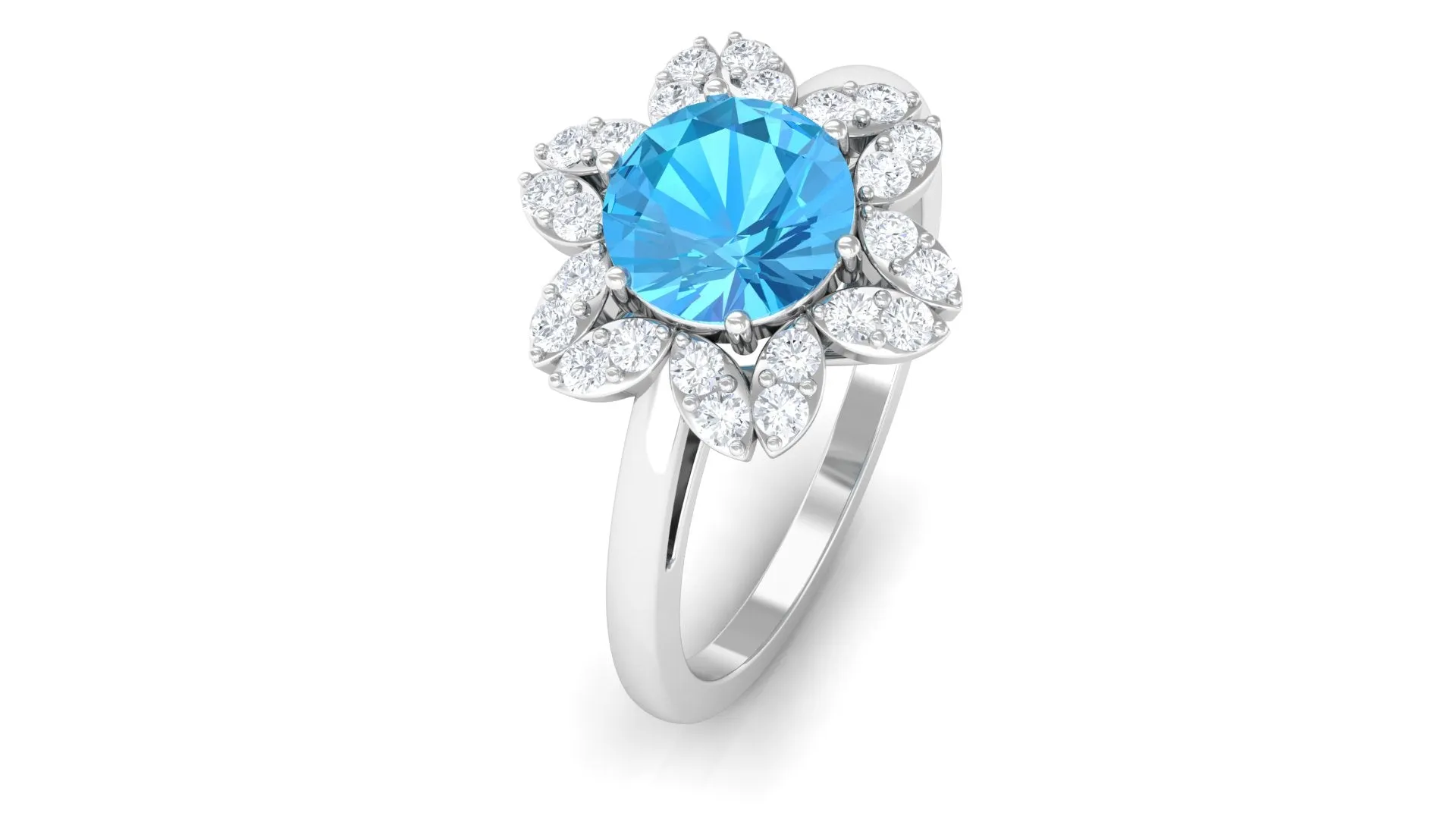 2.25 CT Swiss Blue Topaz Floral Ring with Diamond Halo
