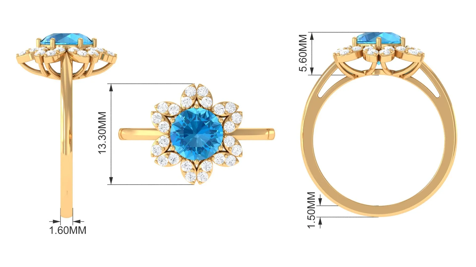 2.25 CT Swiss Blue Topaz Floral Ring with Diamond Halo