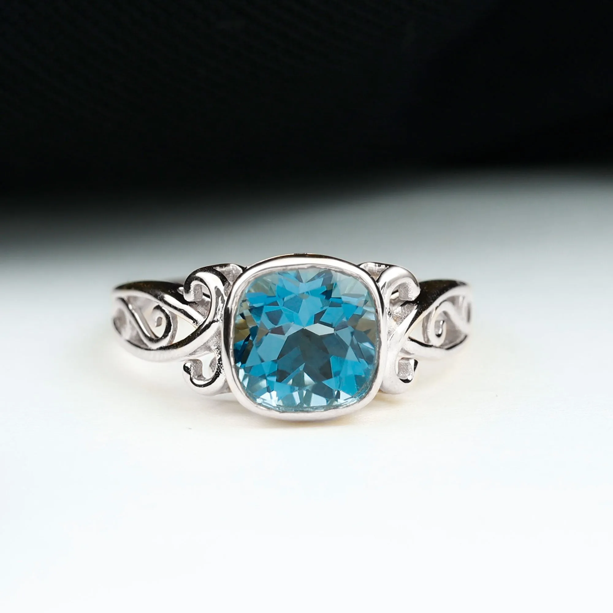 2.75 CT Vintage Style Cushion London Blue Topaz Solitaire Ring in Bezel Setting