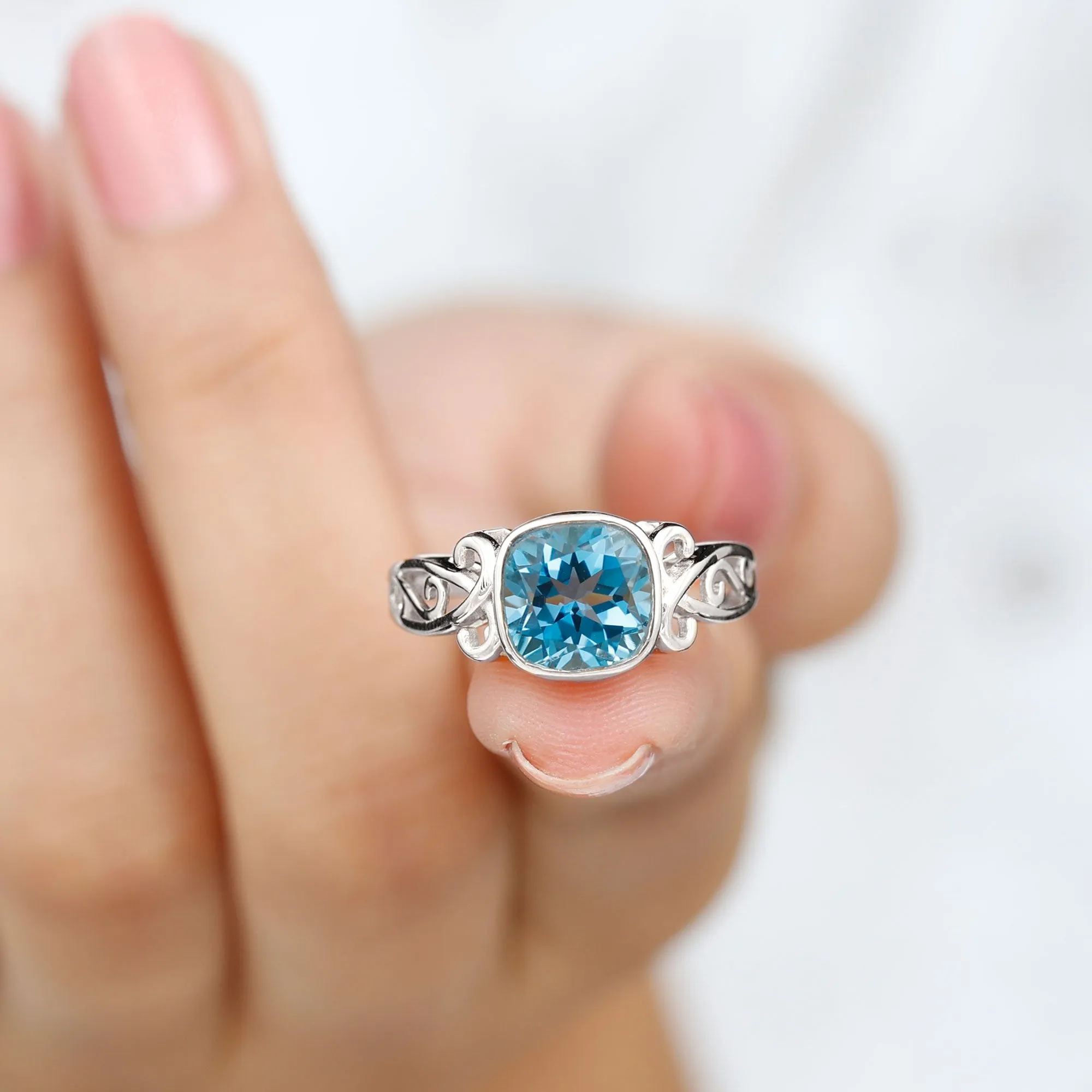 2.75 CT Vintage Style Cushion London Blue Topaz Solitaire Ring in Bezel Setting
