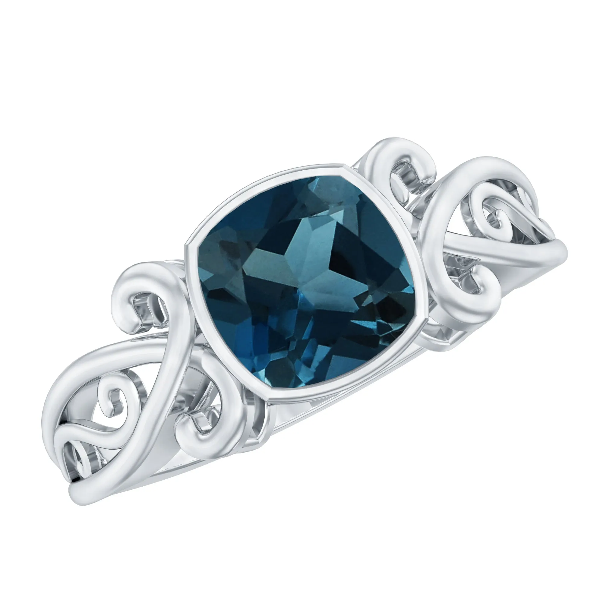2.75 CT Vintage Style Cushion London Blue Topaz Solitaire Ring in Bezel Setting