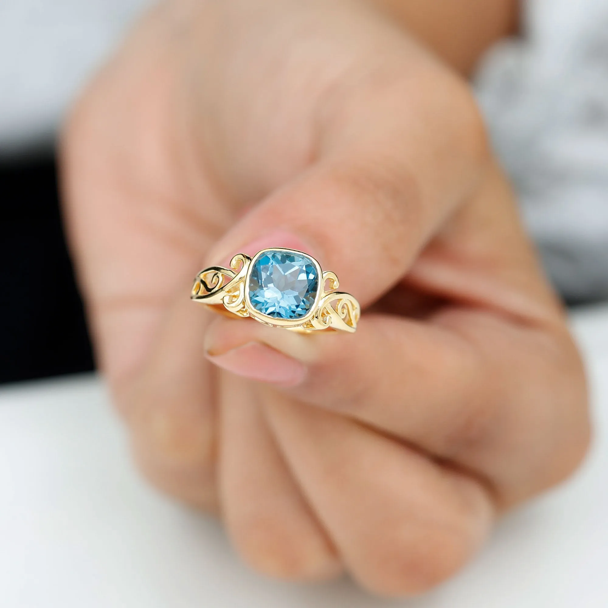2.75 CT Vintage Style Cushion London Blue Topaz Solitaire Ring in Bezel Setting