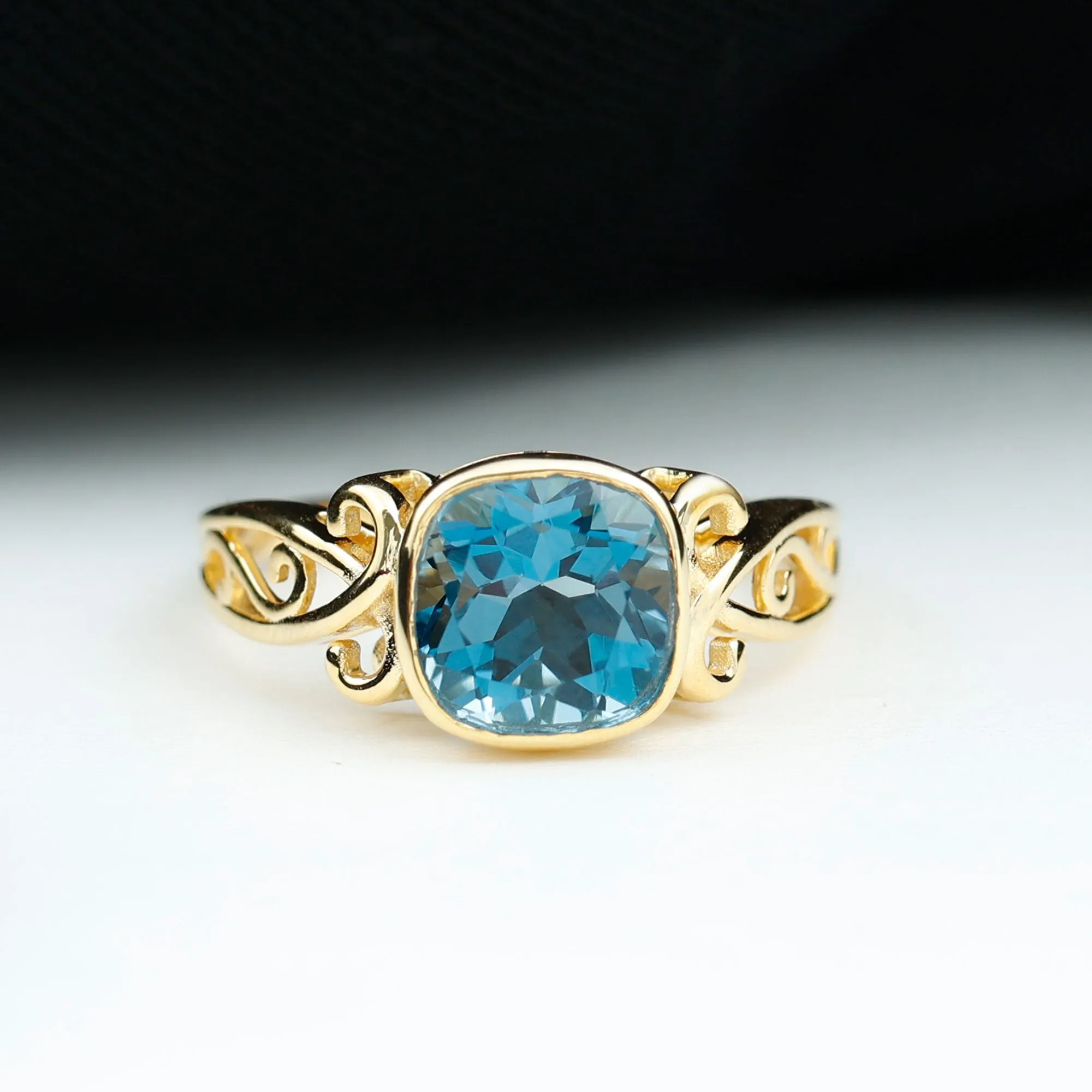 2.75 CT Vintage Style Cushion London Blue Topaz Solitaire Ring in Bezel Setting