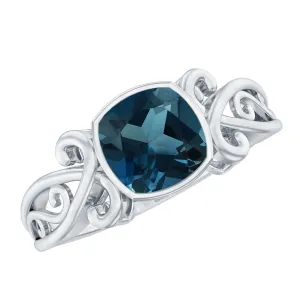 2.75 CT Vintage Style Cushion London Blue Topaz Solitaire Ring in Bezel Setting