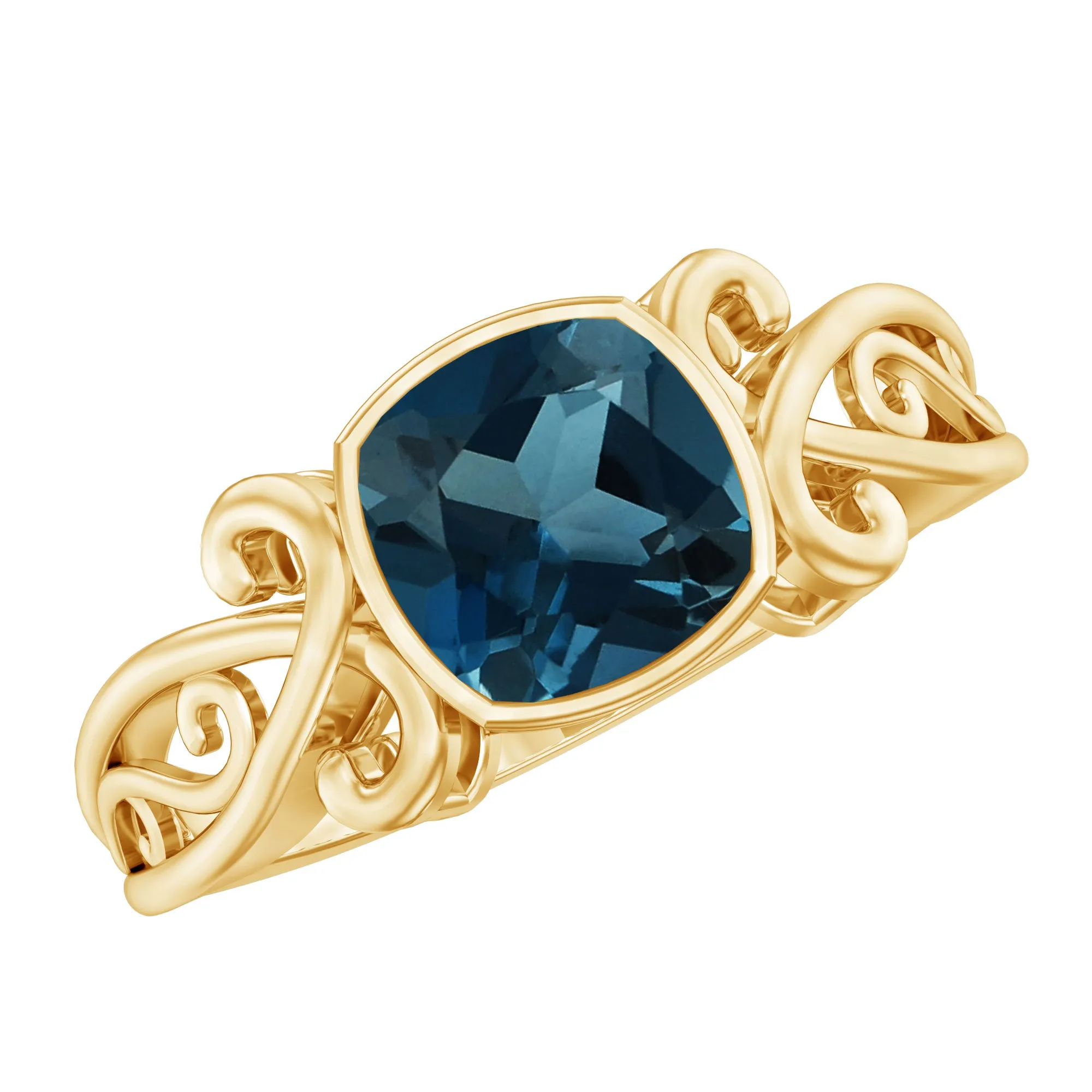 2.75 CT Vintage Style Cushion London Blue Topaz Solitaire Ring in Bezel Setting