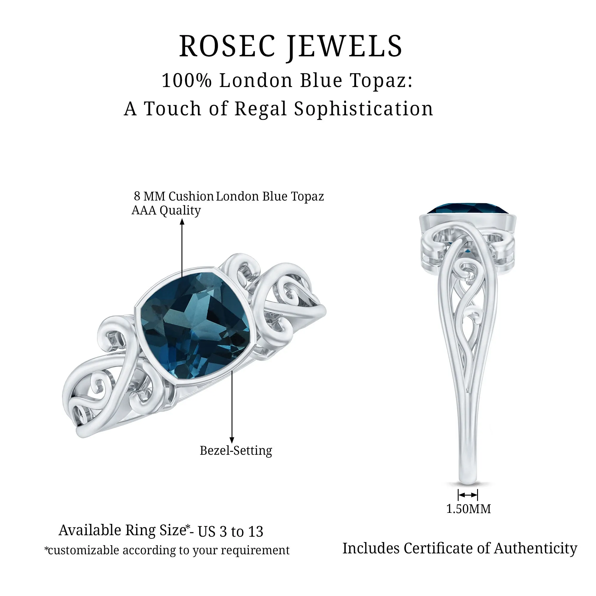 2.75 CT Vintage Style Cushion London Blue Topaz Solitaire Ring in Bezel Setting