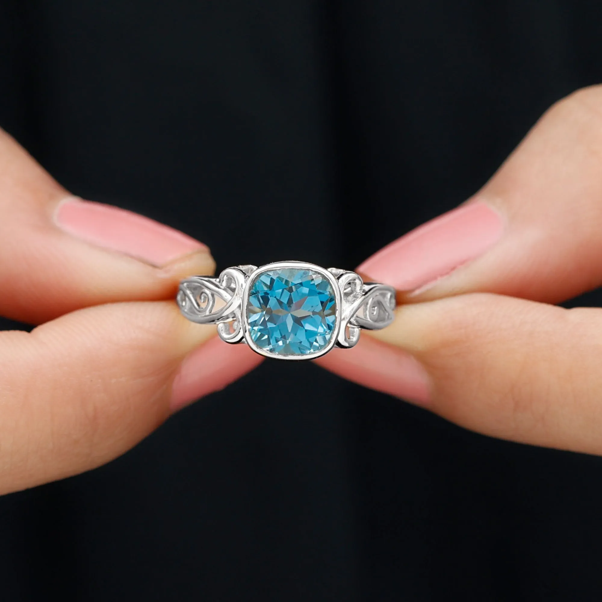 2.75 CT Vintage Style Cushion London Blue Topaz Solitaire Ring in Bezel Setting