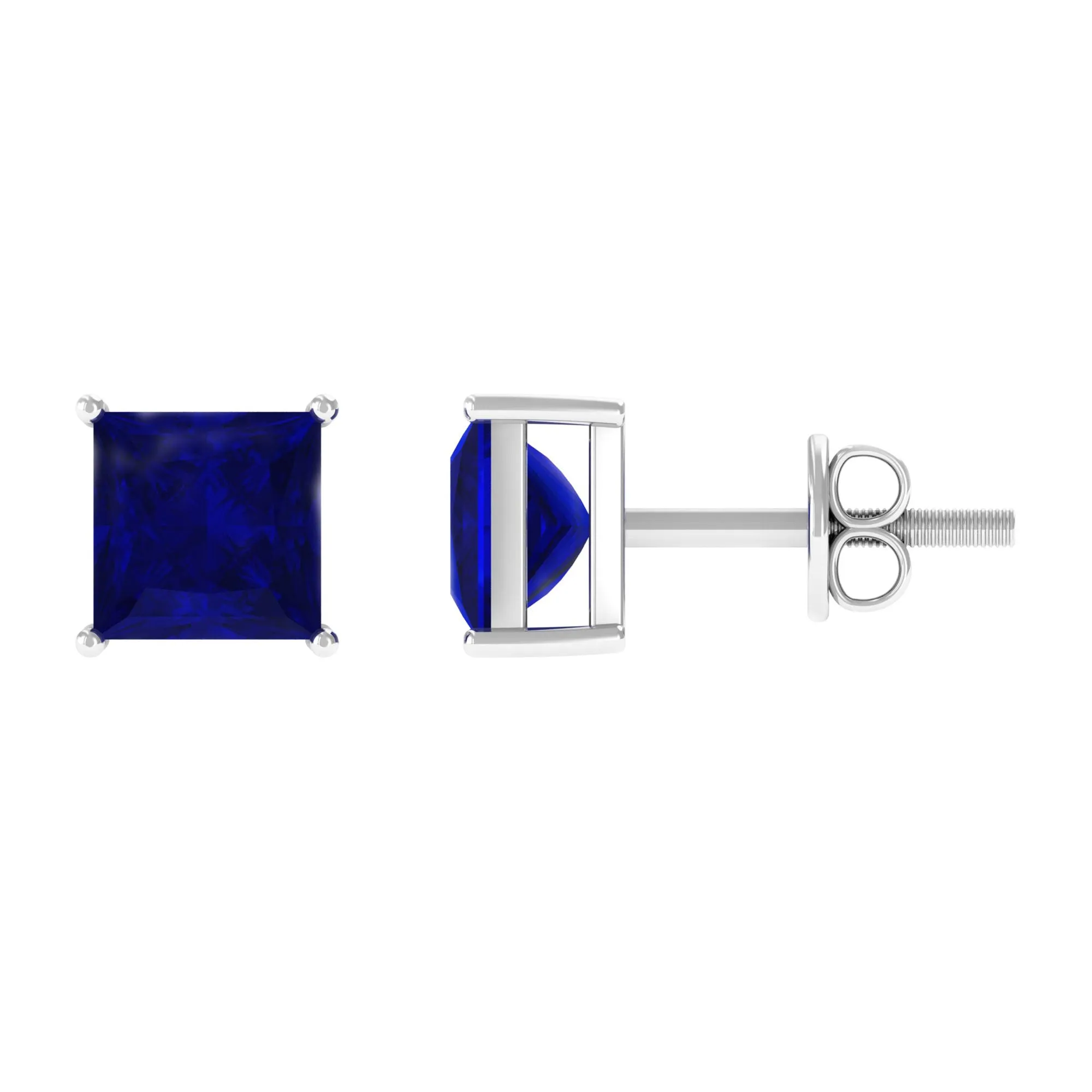 4 MM Princess Cut Blue Sapphire Solitaire Stud Earrings in 4 Prong Setting