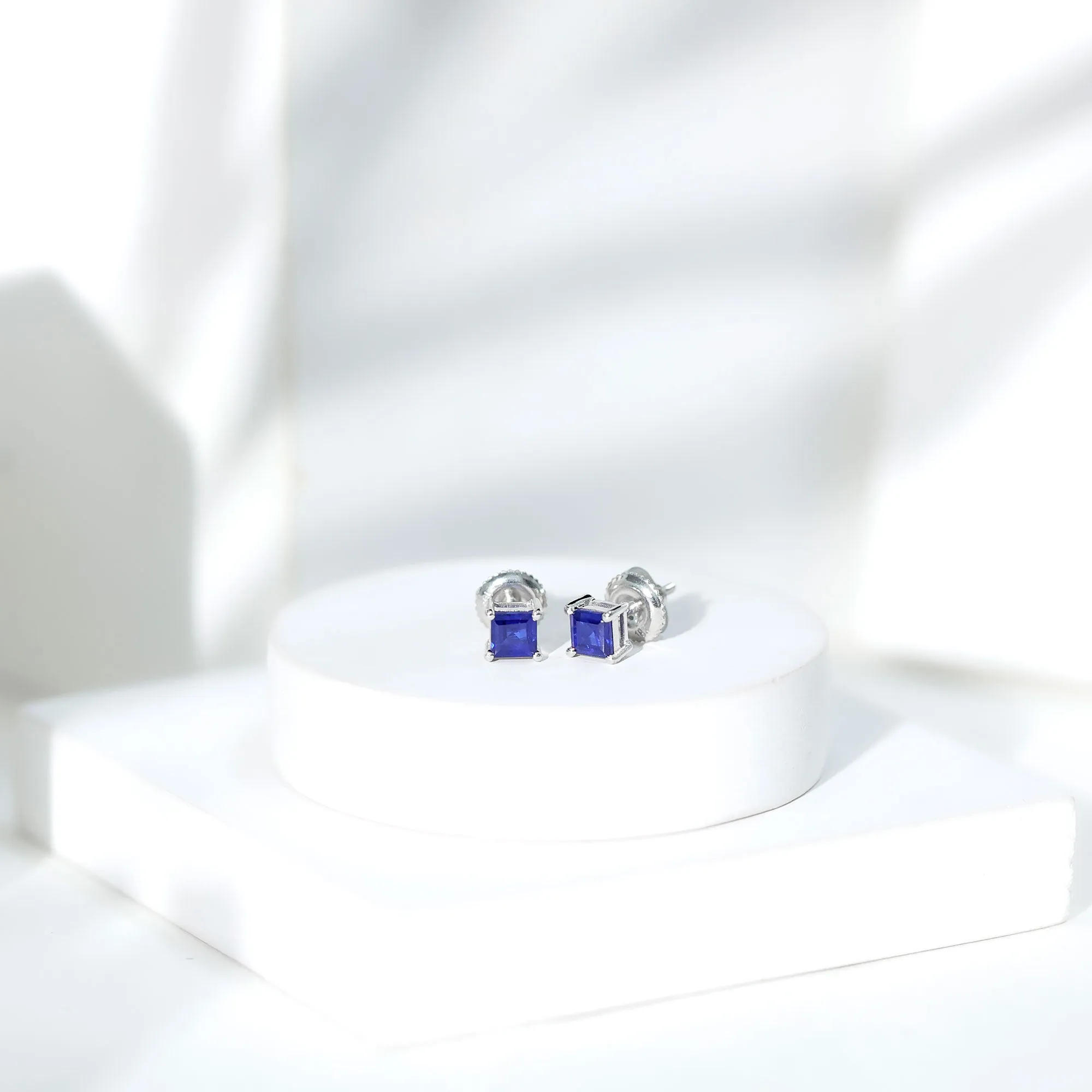 4 MM Princess Cut Blue Sapphire Solitaire Stud Earrings in 4 Prong Setting