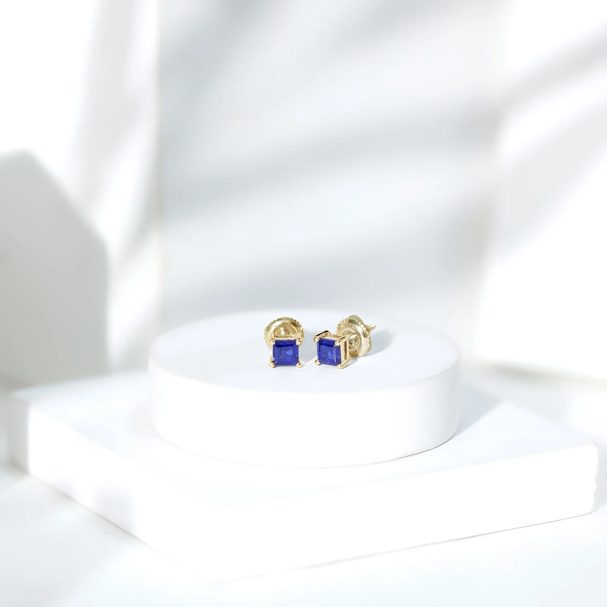 4 MM Princess Cut Blue Sapphire Solitaire Stud Earrings in 4 Prong Setting