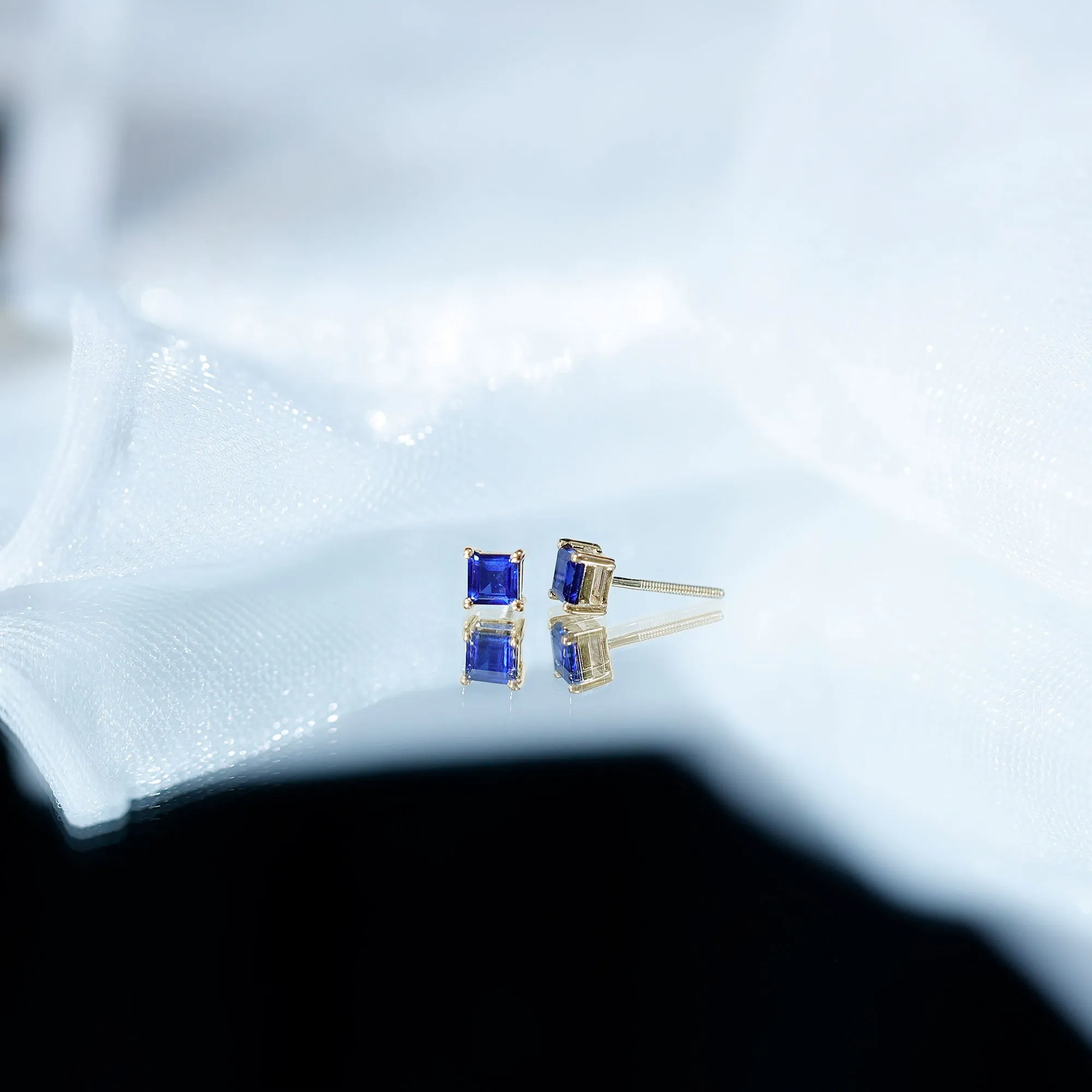 4 MM Princess Cut Blue Sapphire Solitaire Stud Earrings in 4 Prong Setting