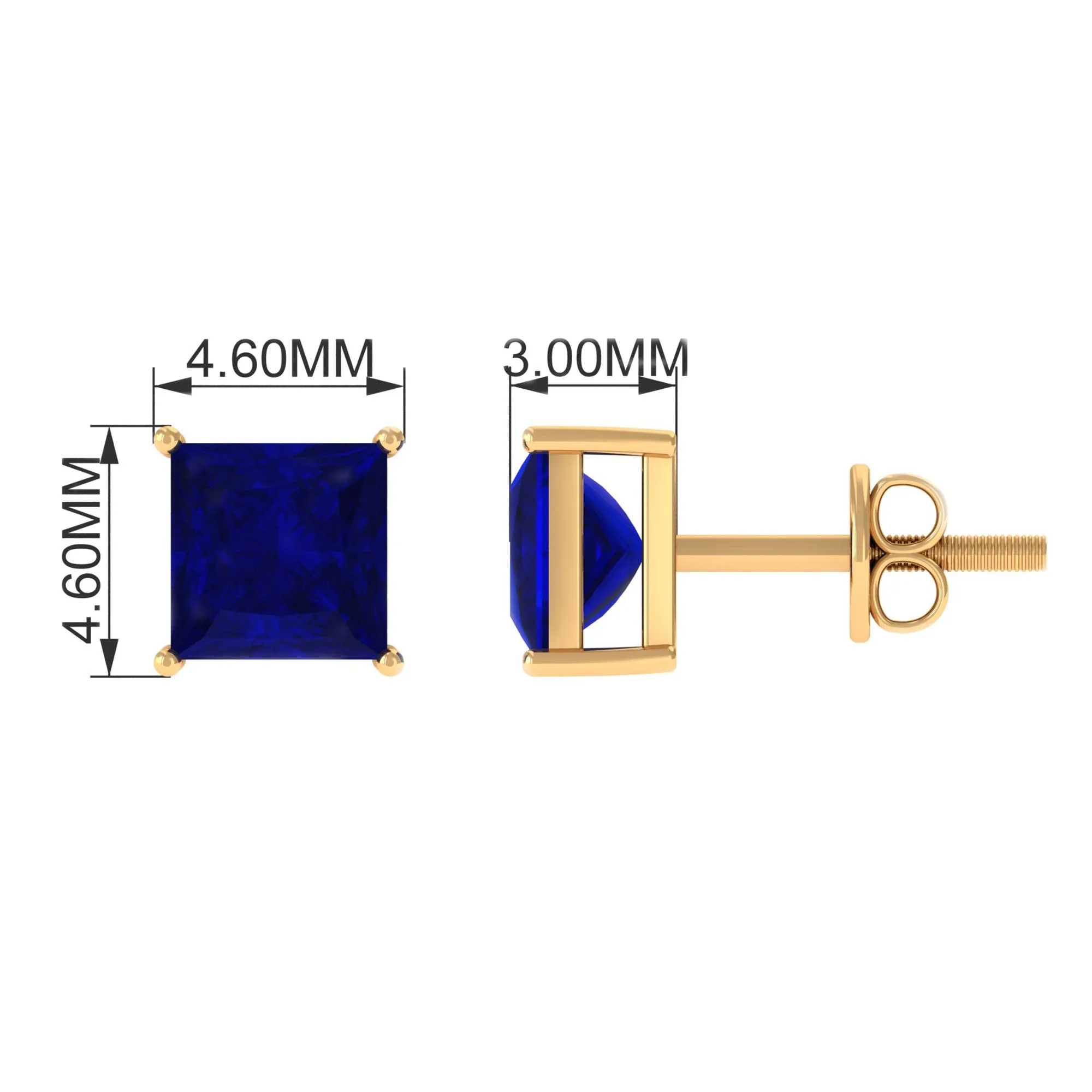 4 MM Princess Cut Blue Sapphire Solitaire Stud Earrings in 4 Prong Setting
