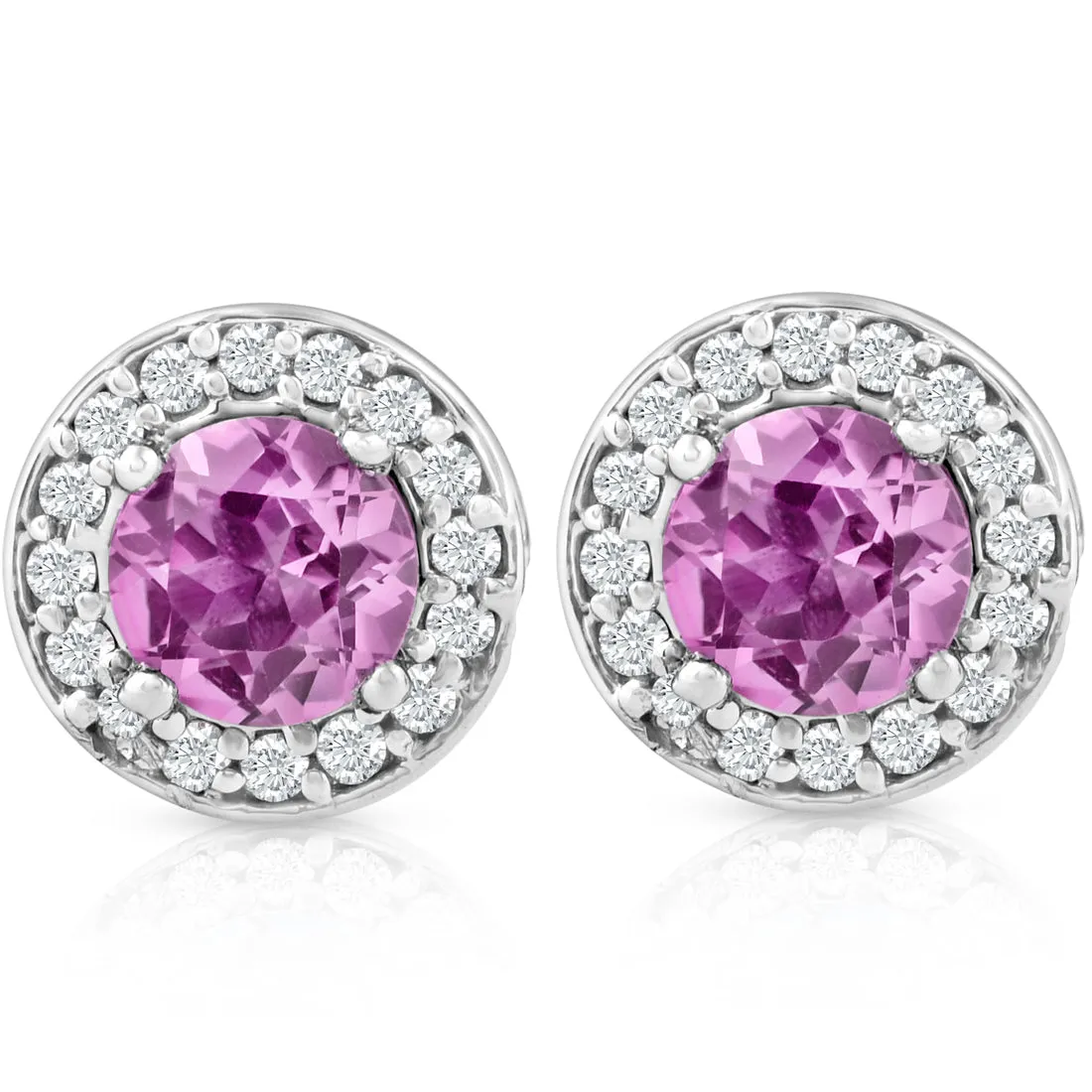 5/8ct Halo Diamond Pink Sapphire Studs 14K White Gold