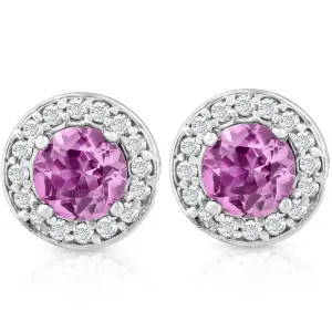 5/8ct Halo Diamond Pink Sapphire Studs 14K White Gold