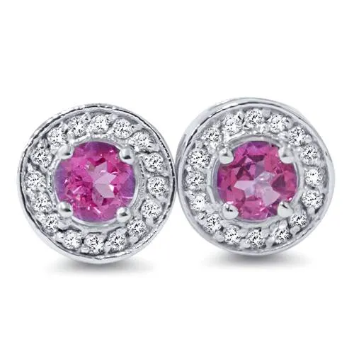 5/8ct Halo Diamond Pink Sapphire Studs 14K White Gold