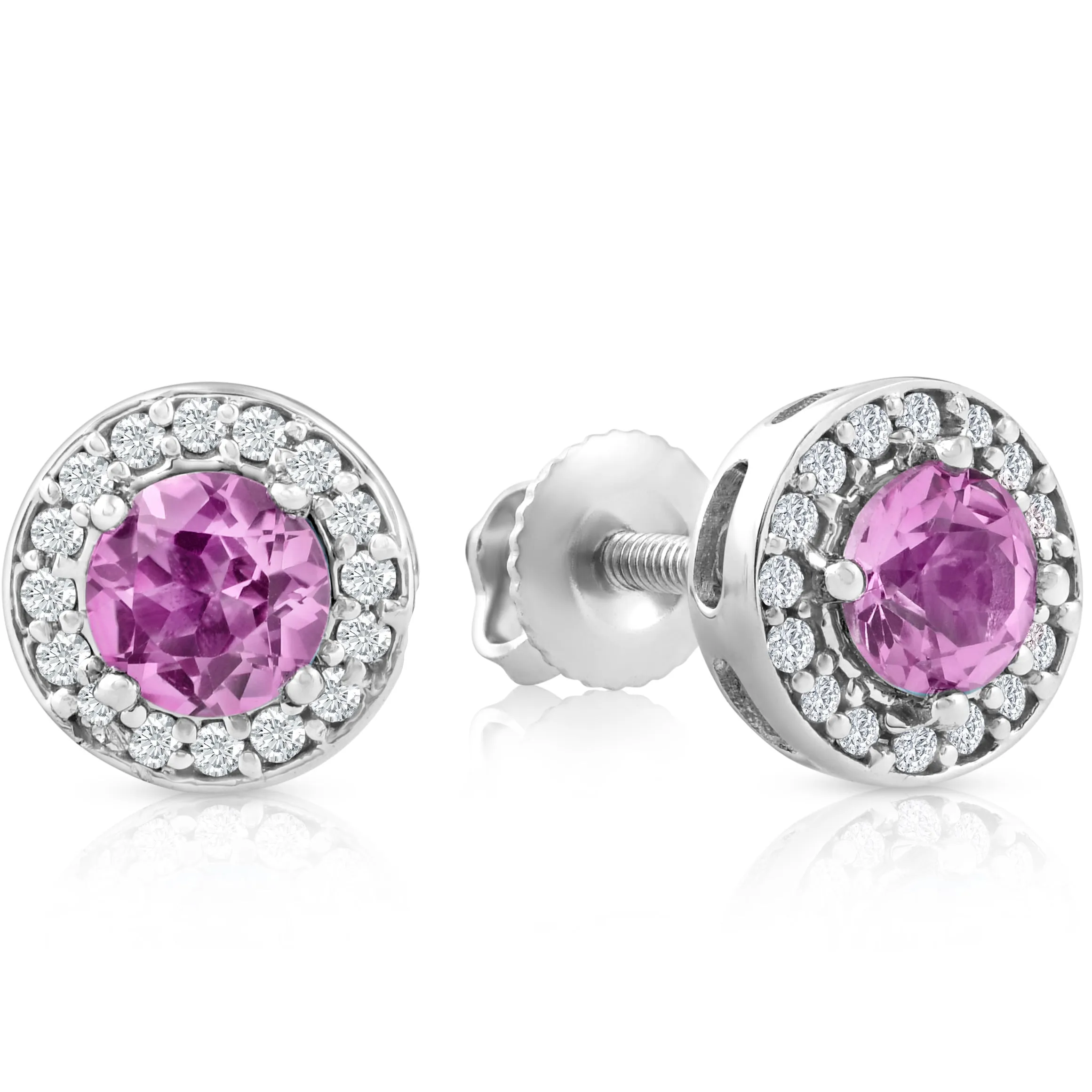 5/8ct Halo Diamond Pink Sapphire Studs 14K White Gold