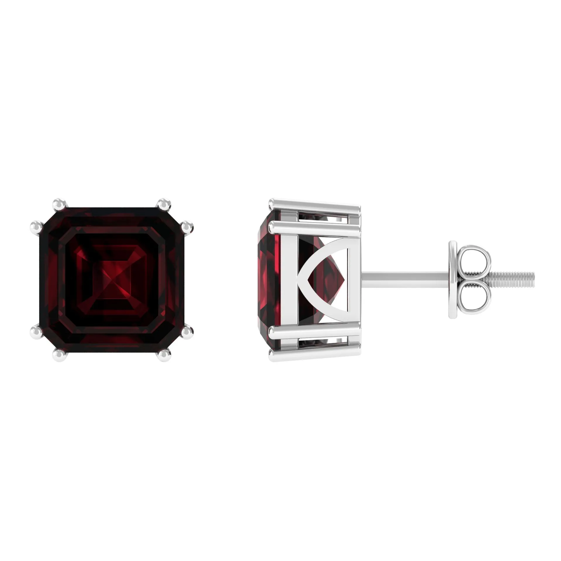 8 MM Asscher Cut Garnet Solitaire Stud Earrings in Double Prong Setting