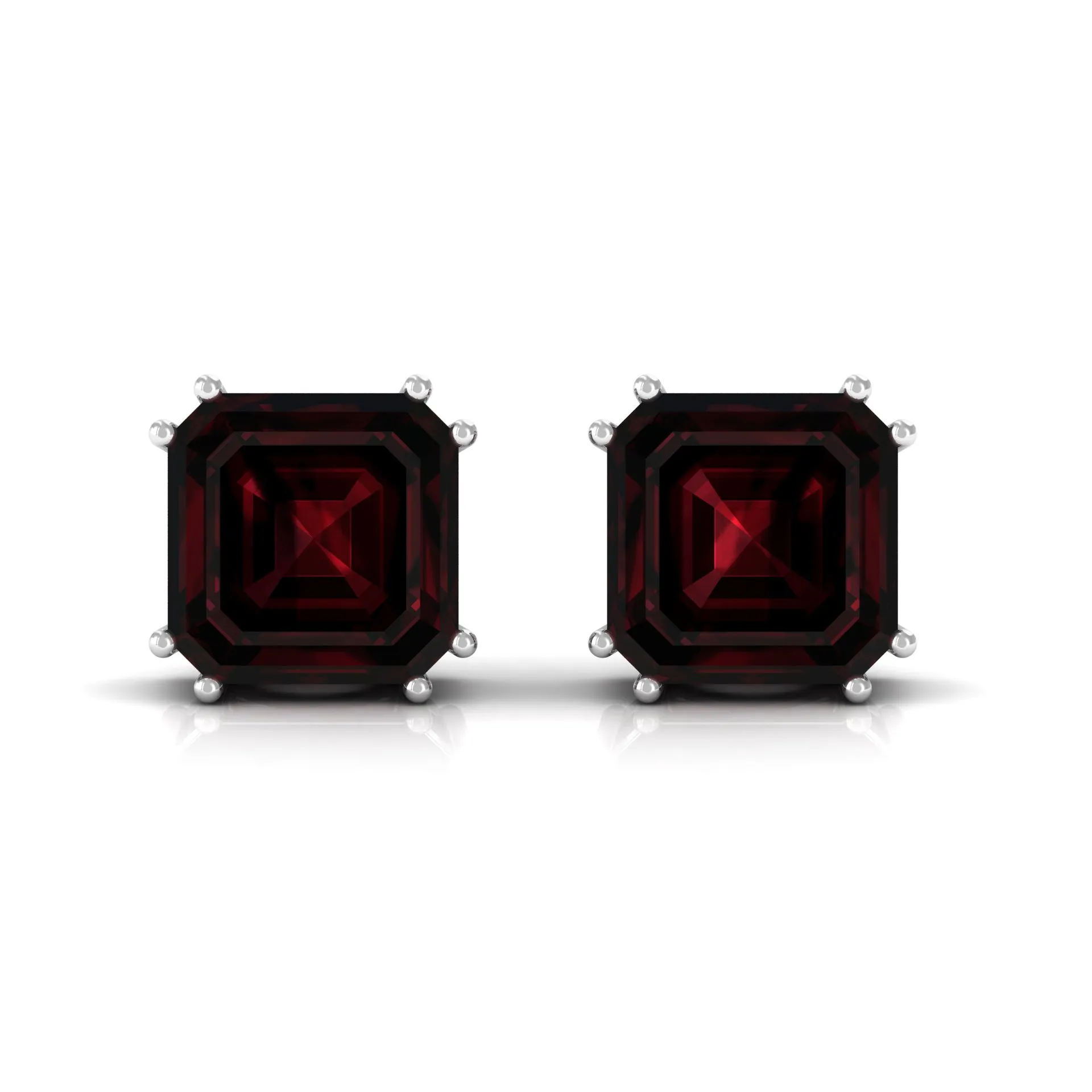8 MM Asscher Cut Garnet Solitaire Stud Earrings in Double Prong Setting
