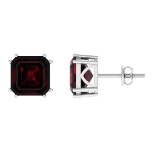 8 MM Asscher Cut Garnet Solitaire Stud Earrings in Double Prong Setting