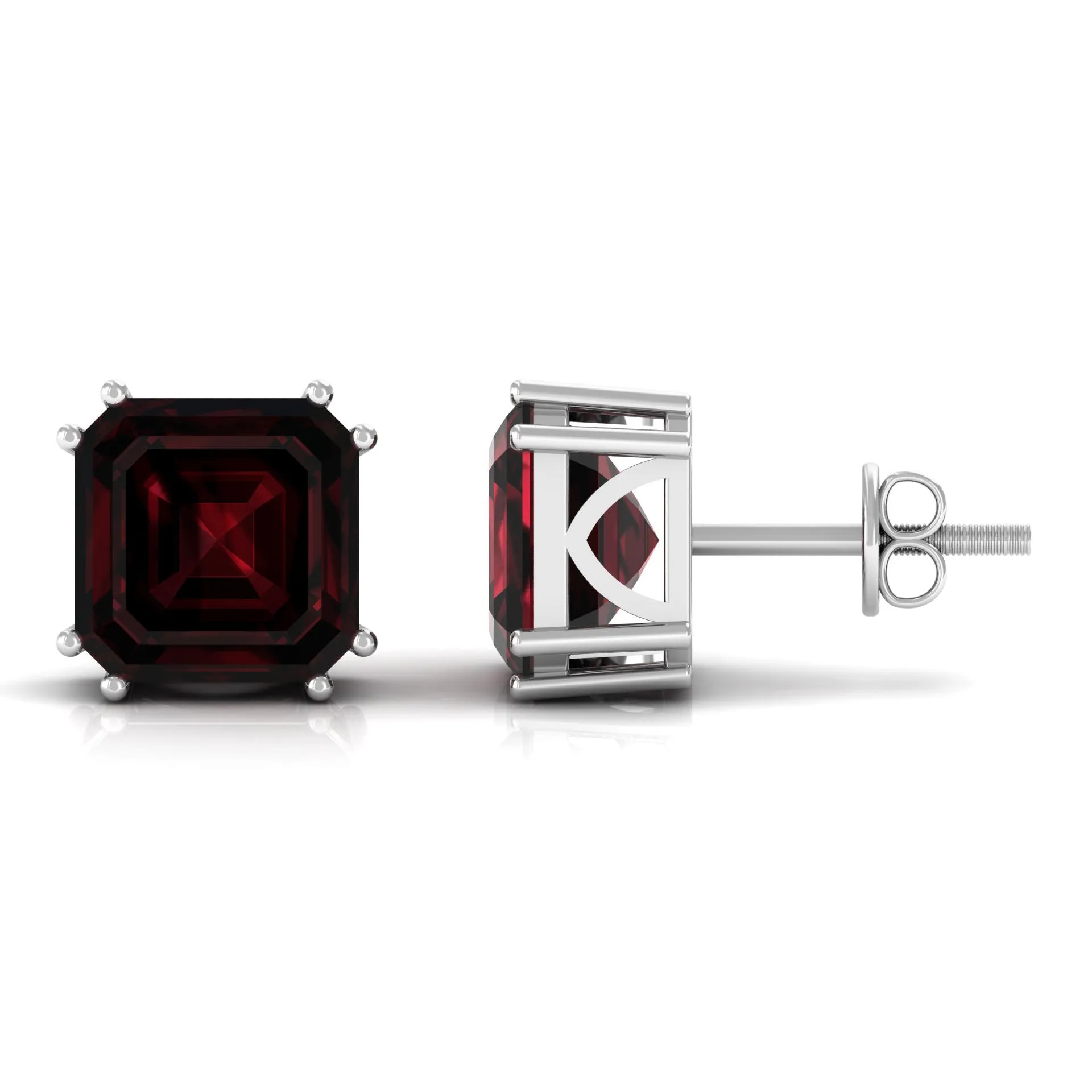 8 MM Asscher Cut Garnet Solitaire Stud Earrings in Double Prong Setting
