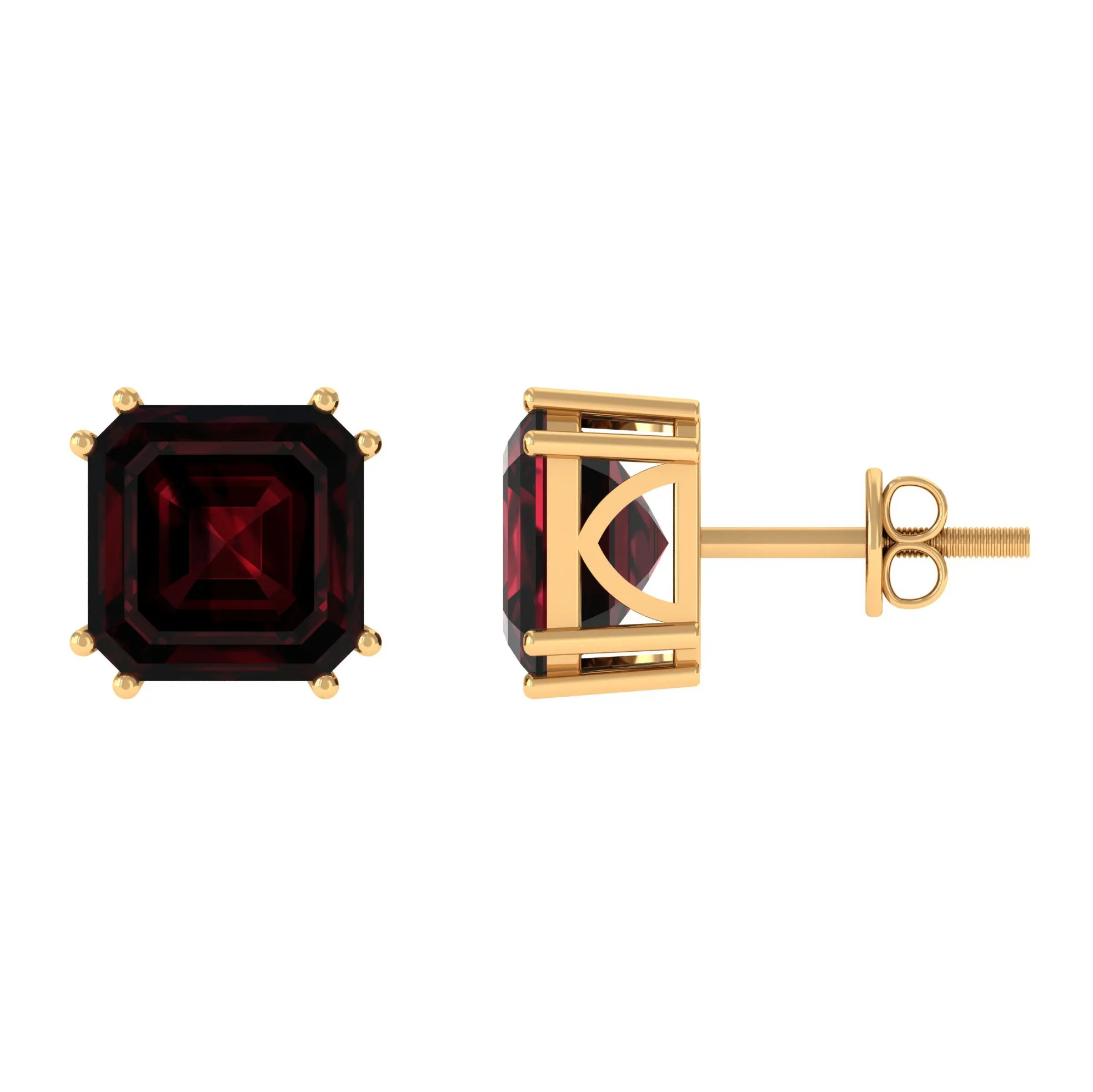 8 MM Asscher Cut Garnet Solitaire Stud Earrings in Double Prong Setting