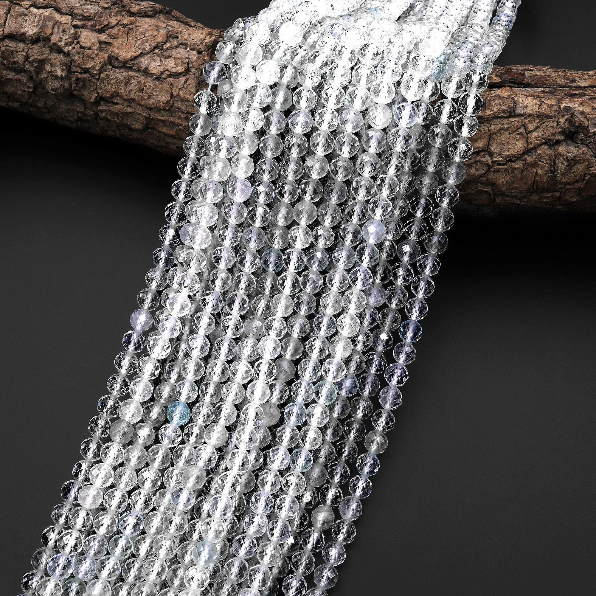 AA Faceted Natural White Topaz 3mm 4mm Round Beads Micro Diamond Cut Gemstone Real Genuine Gemstone 15.5" Strand