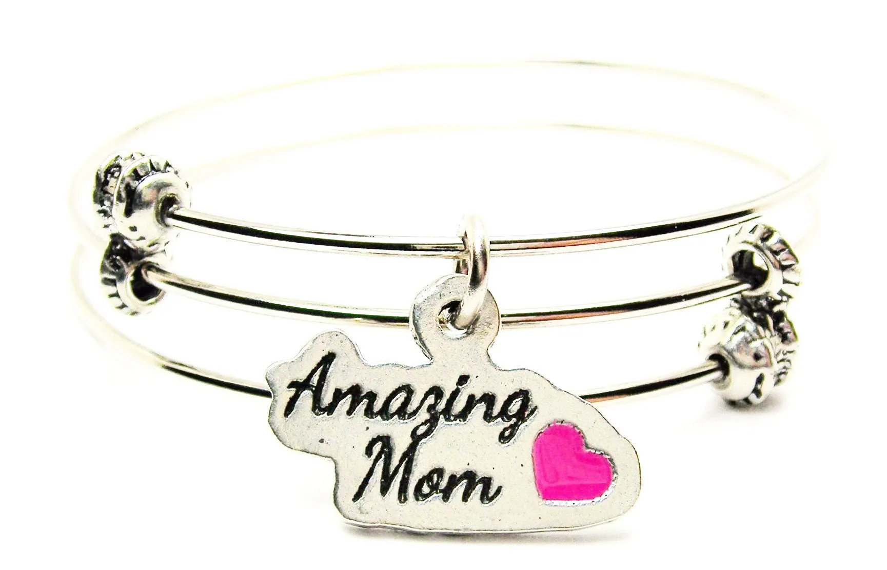 Amazing Mom With Hand Painted Hot Pink Heart Triple Style Expandable Bangle Bracelet