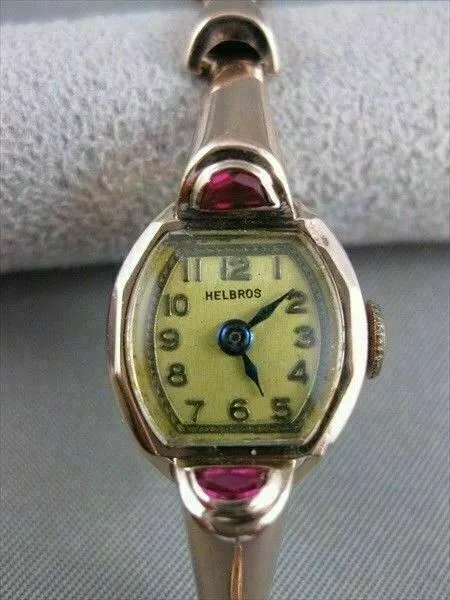 ANTIQUE MOON OLD MINE RUBY 14K PINK ROSE GOLD HELBROS WATCH #20592