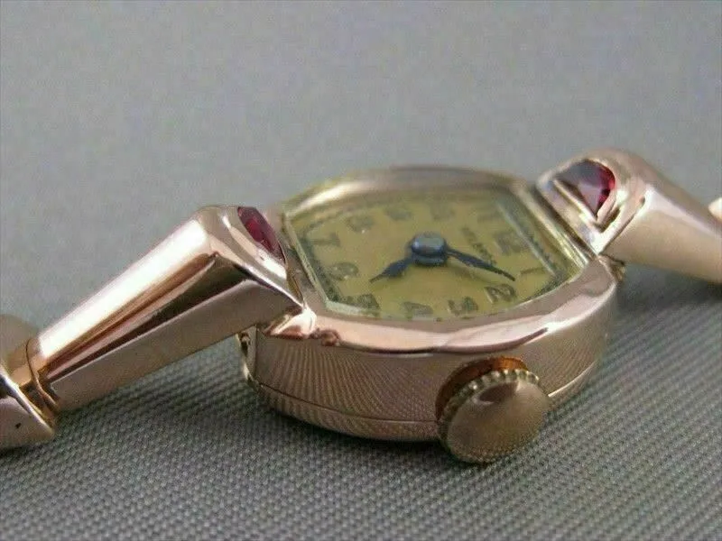 ANTIQUE MOON OLD MINE RUBY 14K PINK ROSE GOLD HELBROS WATCH #20592