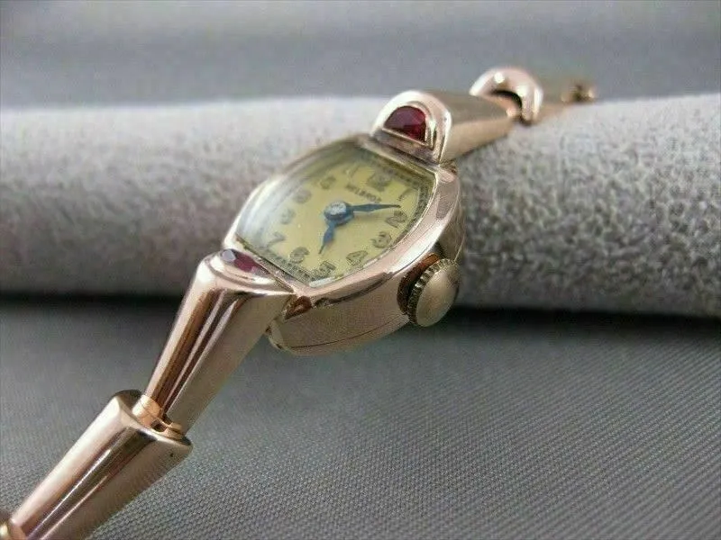 ANTIQUE MOON OLD MINE RUBY 14K PINK ROSE GOLD HELBROS WATCH #20592