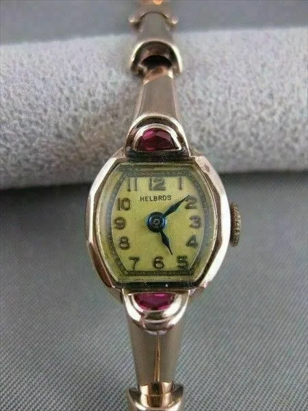 ANTIQUE MOON OLD MINE RUBY 14K PINK ROSE GOLD HELBROS WATCH #20592