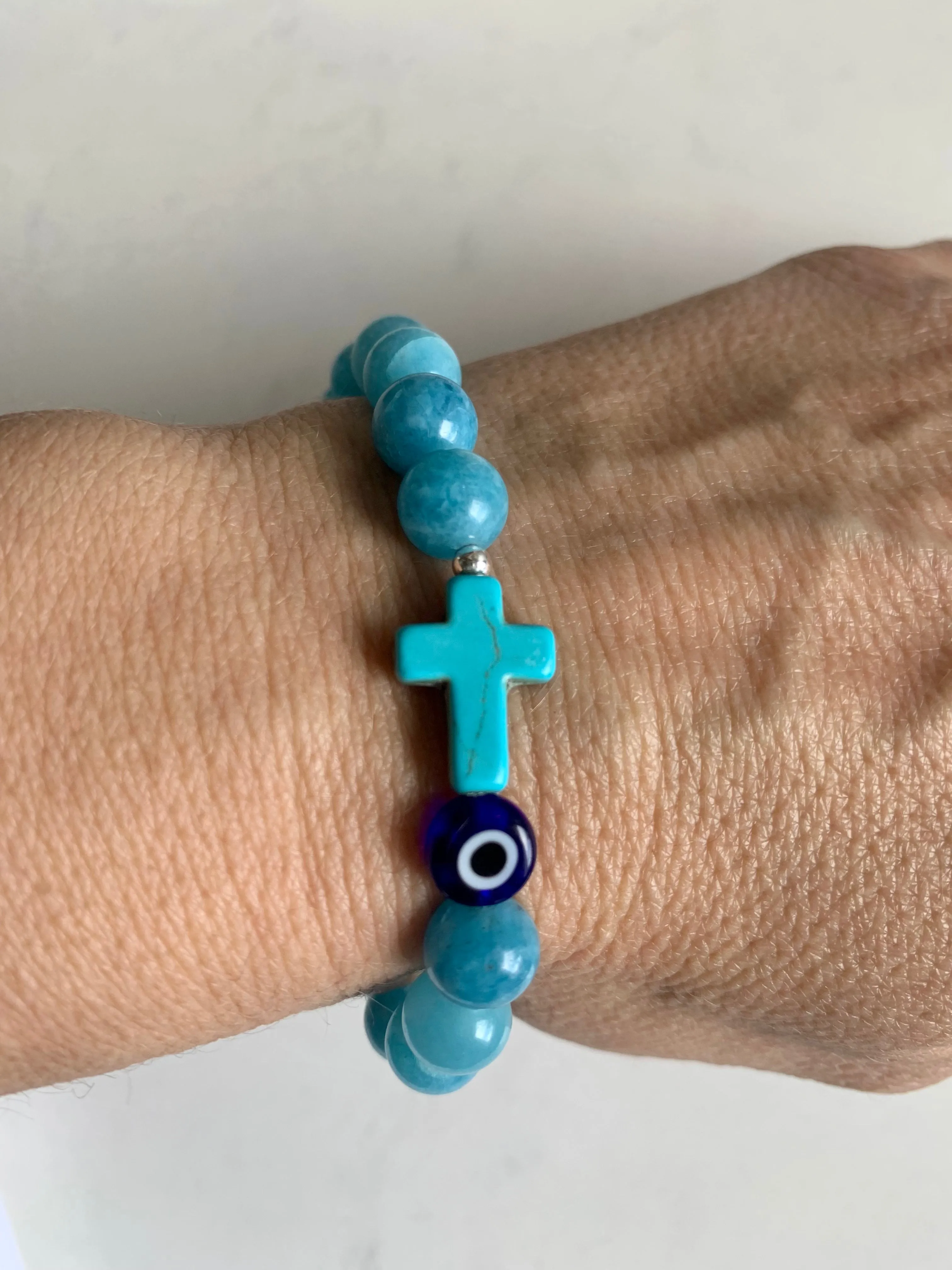 Aquamarine Bracelet with Cross Charm & Evil Eye