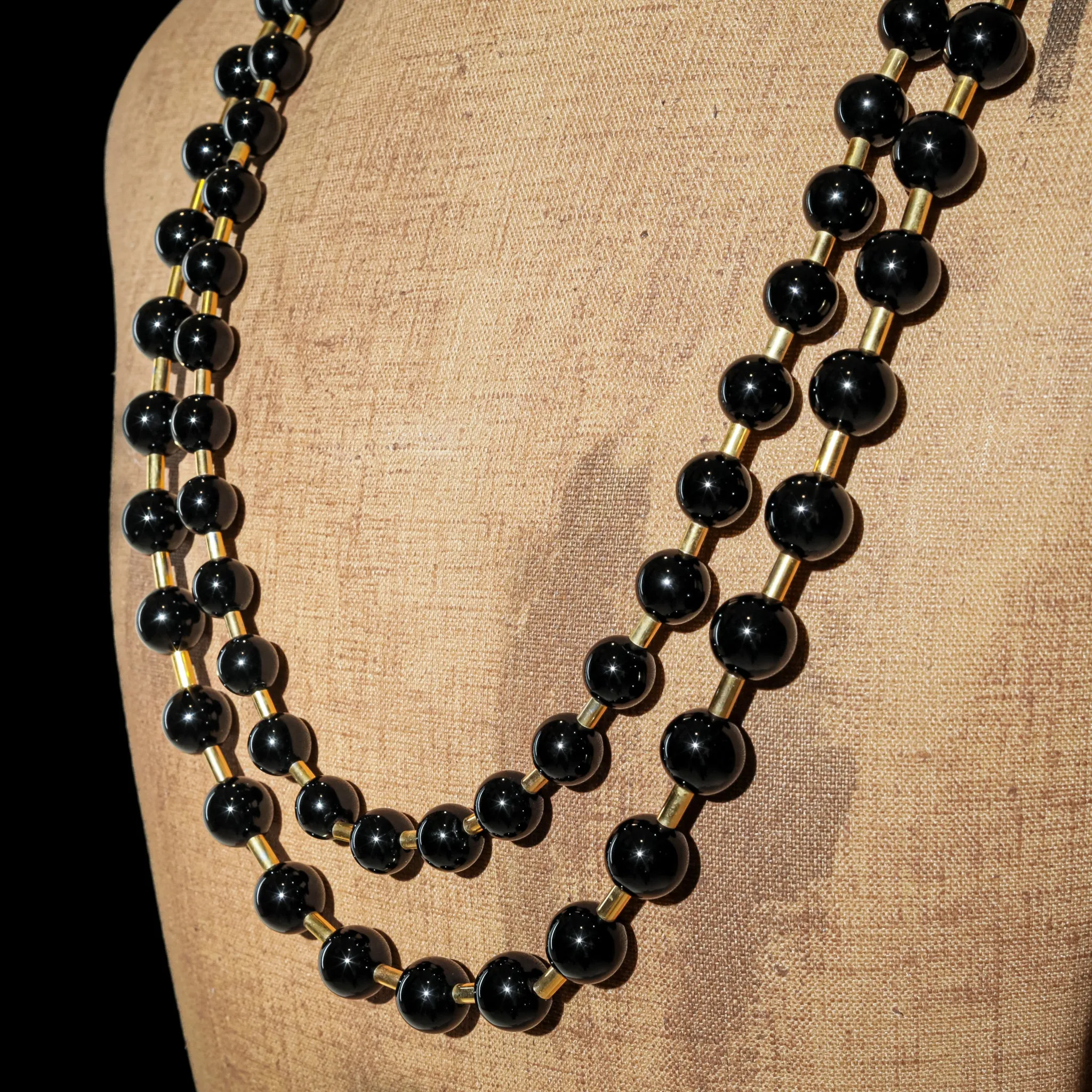 Attributed to Erickson Beamon Gold Tone Onyx 2 Strand Necklace
