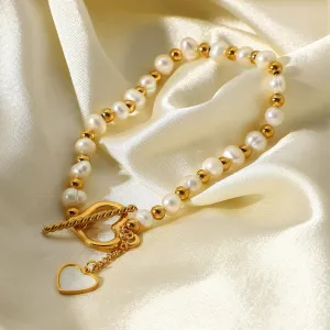 B10.18K Gold Pearl Heart OT Buckle Bracelet