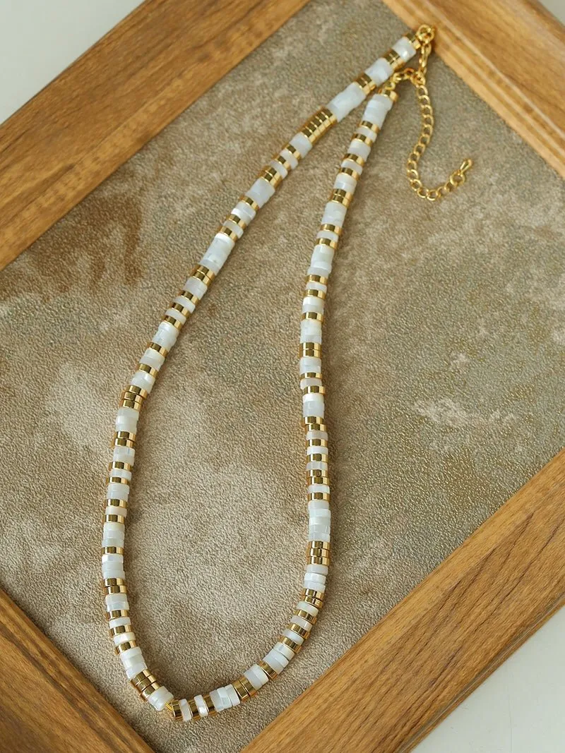 Black Onyx Tiger Eye Mother of Pearls Vintage Disc Beaded Necklace